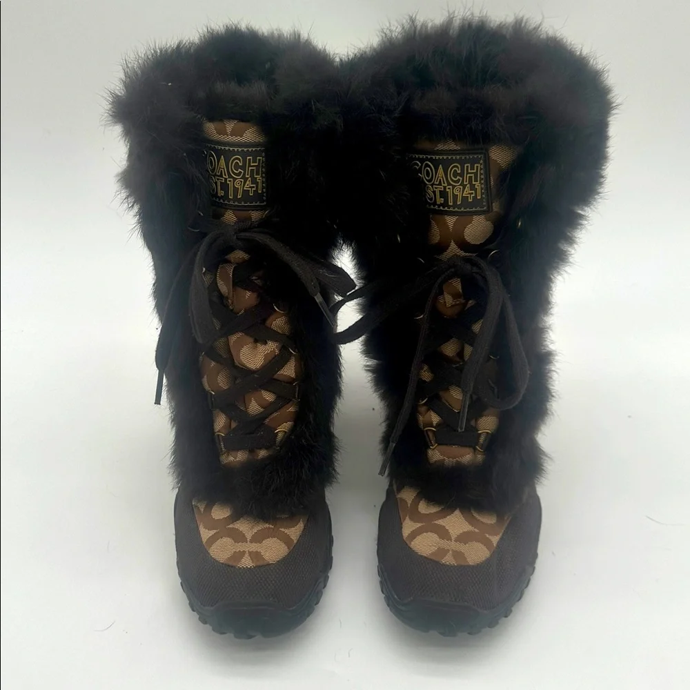 Coach Jennie Signature Fur Trim Lace Up Boots Monogram Khaki Q522 Womens 7.5 B - Picture 4 of 14